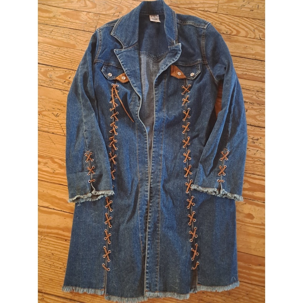 Ethyl Duster  Jacket Denim Lace Up Leather Raw Hem Long Sleeve Boho Festival J/7